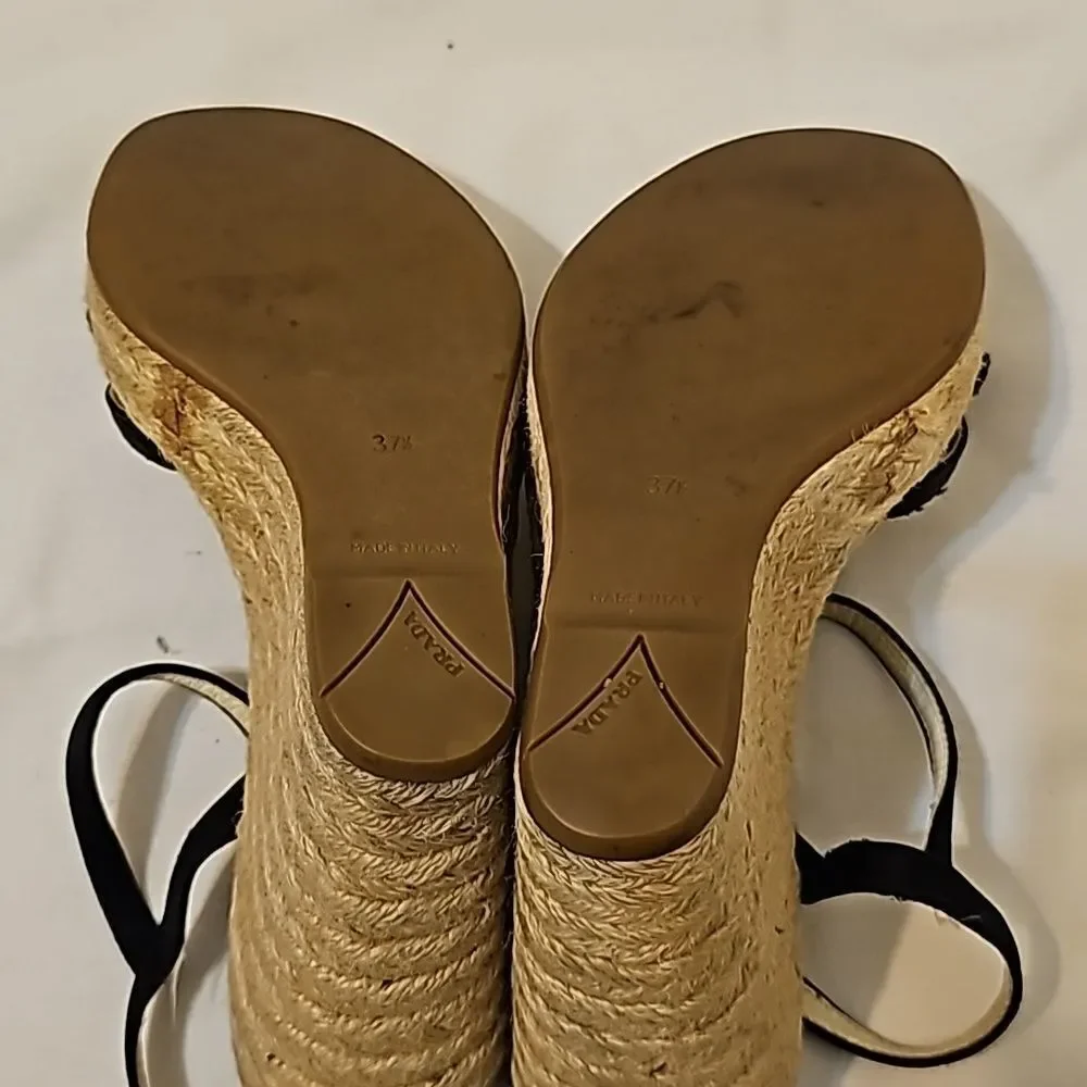 PRADA SPORT Black Leather Wedge Espadrilles - Picture 5 of 10